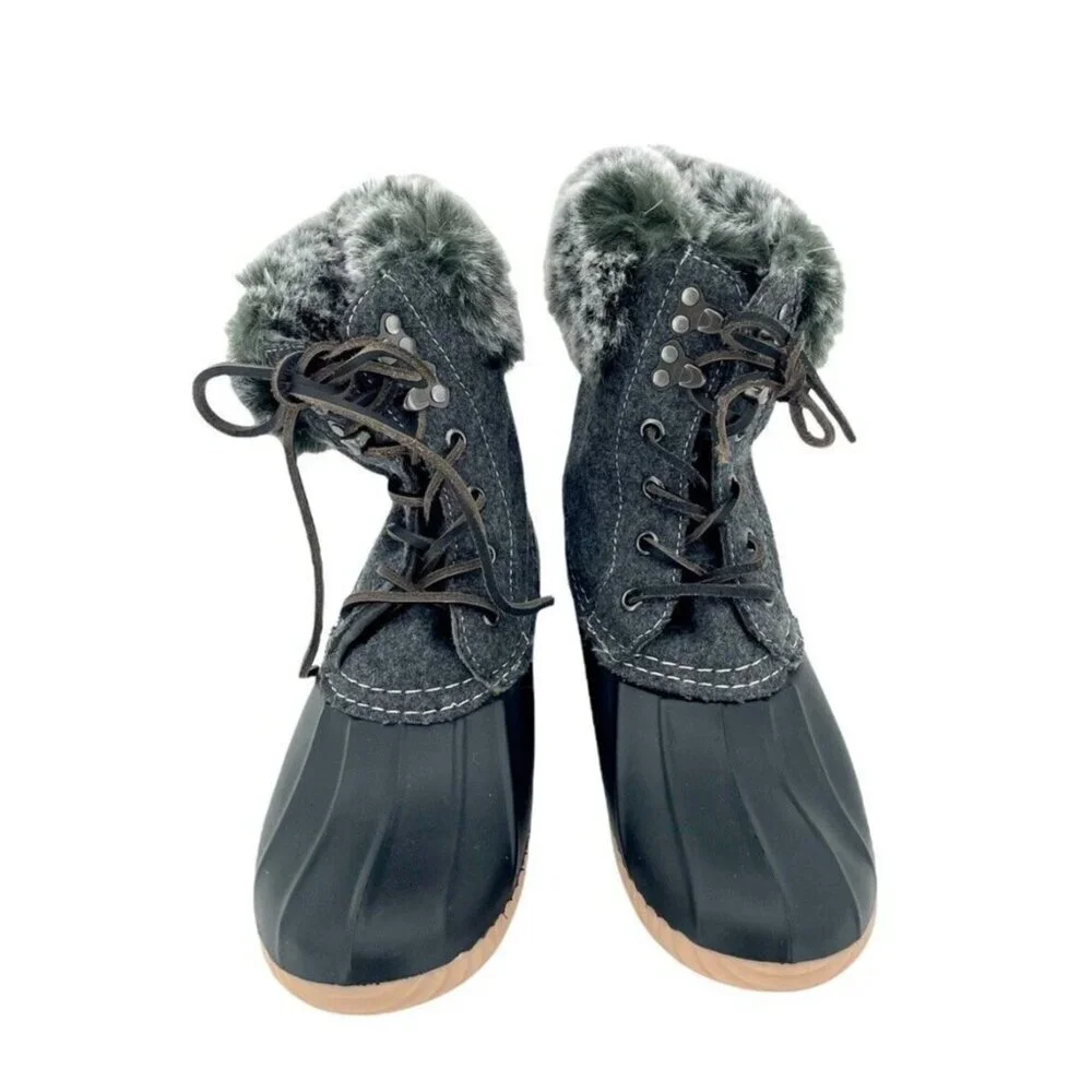 Report Faux Fur Trimmed Tweed Rubber Duck Boots Black Gray SZ 6 NEW